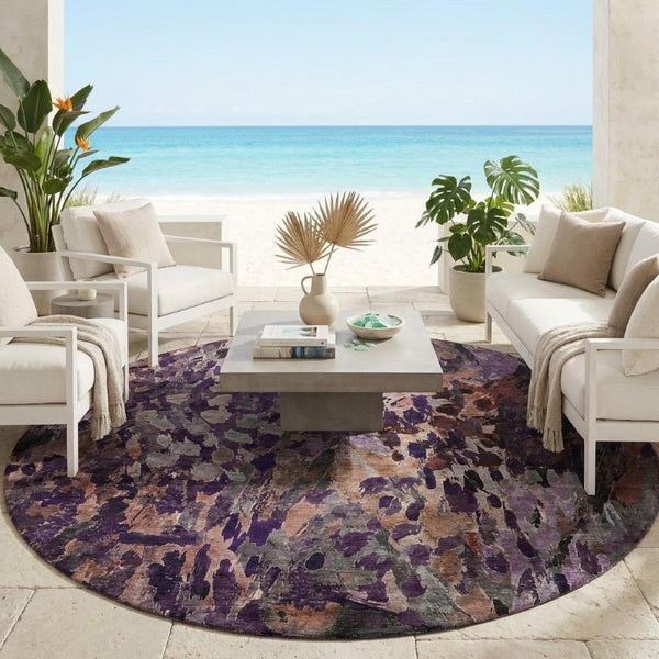 8 Foot Round Abstract Plum Purple Washable Polyester Rug for Indoor Outdoor Use