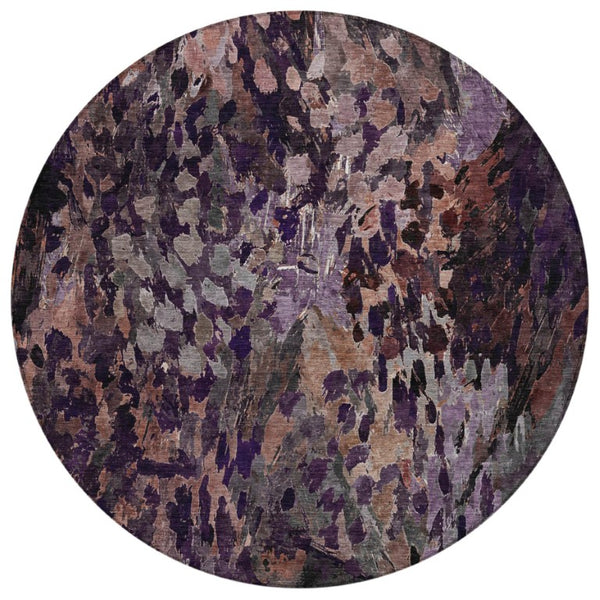 HomeRoots 8 Foot Round Abstract Plum Purple Washable Polyester Rug for Indoor Outdoor Use 739615