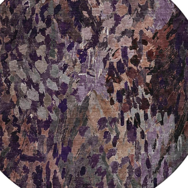 8 Foot Round Abstract Plum Purple Washable Polyester Rug for Indoor Outdoor Use