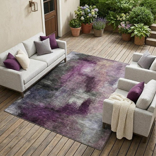 10 X 14 Abstract Purple Polyester Area Rug Washable for Patio Porch or Living Room