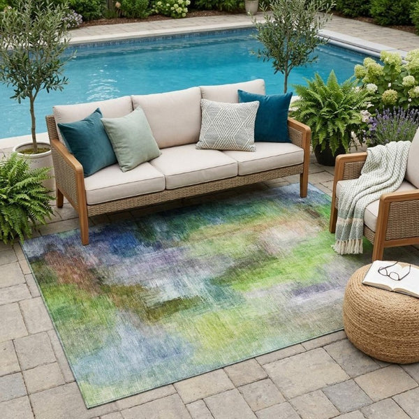 5x8 Abstract Green Polyester Area Rug Washable Stain Resistant Indoor Outdoor Patio