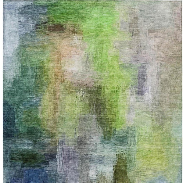 9 X 12 Abstract Green Washable Polyester Rug for Patio Porch or Living Room
