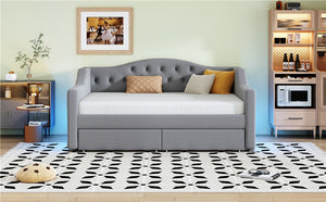 English Elm Upholstered Twin XL Daybed with LED Belt and Two Underbed Drawers, Linen Backrest, Modern Storage Elegance Gray DL002060AAE