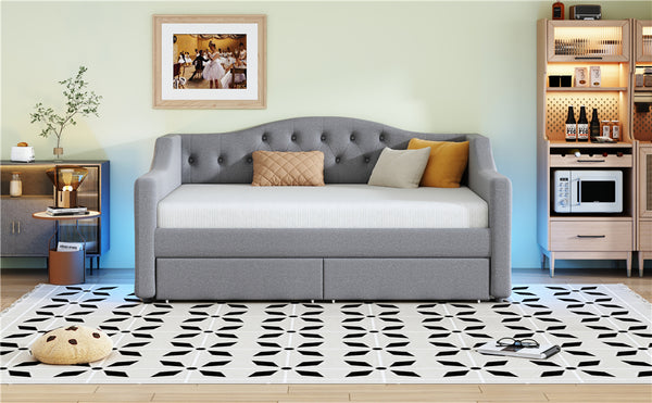 English Elm Upholstered Twin XL Daybed with LED Belt and Two Underbed Drawers, Linen Backrest, Modern Storage Elegance Gray DL002060AAE