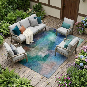9x12 Teal Pewter Abstract Polyester Area Rug Washable for Indoor Outdoor Spaces