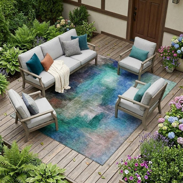 9x12 Teal Pewter Abstract Polyester Area Rug Washable for Indoor Outdoor Spaces