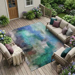 10 X 14 Teal Pewter Abstract Polyester Washable Rug for Indoor Outdoor Spaces
