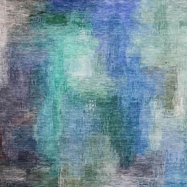 10 X 14 Teal Pewter Abstract Polyester Washable Rug for Indoor Outdoor Spaces
