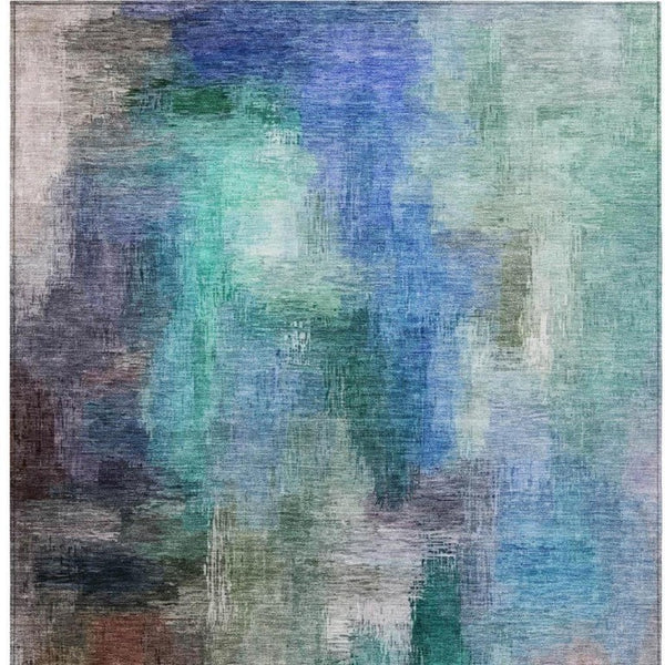 10 X 14 Teal Pewter Abstract Polyester Washable Rug for Indoor Outdoor Spaces