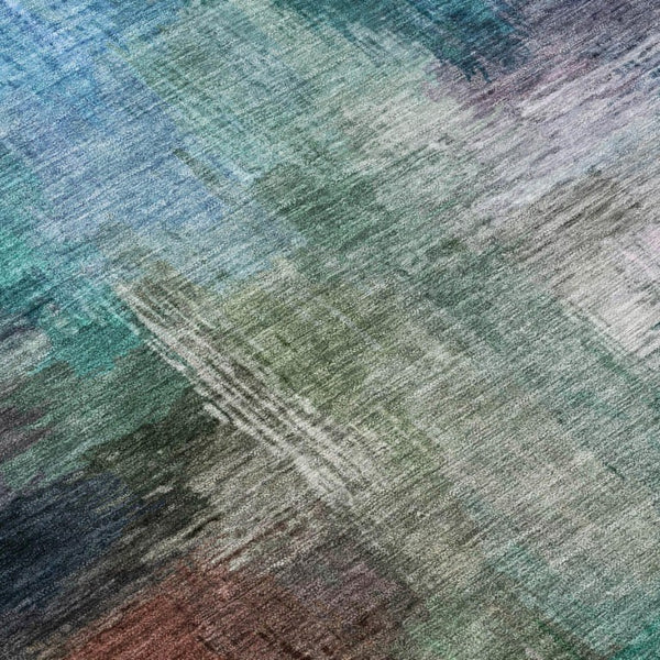 10 X 14 Teal Pewter Abstract Polyester Washable Rug for Indoor Outdoor Spaces