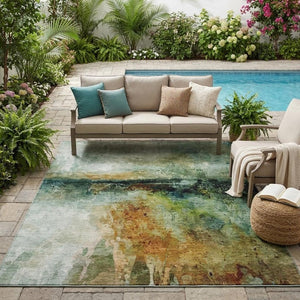 5x8 Abstract Green Washable Polyester Area Rug for Patio Porch Living Room and Pets
