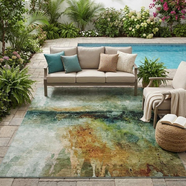 5x8 Abstract Green Washable Polyester Area Rug for Patio Porch Living Room and Pets