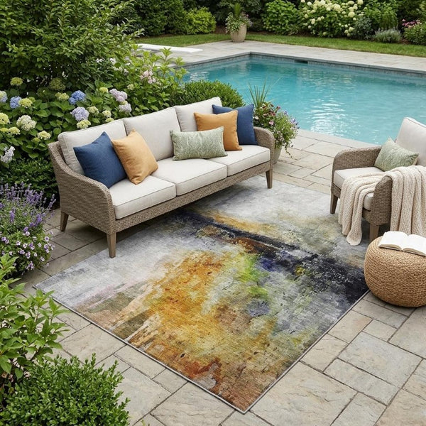 5 X 8 Copper Orange Abstract Polyester Area Rug Washable Stain Resistant Patio