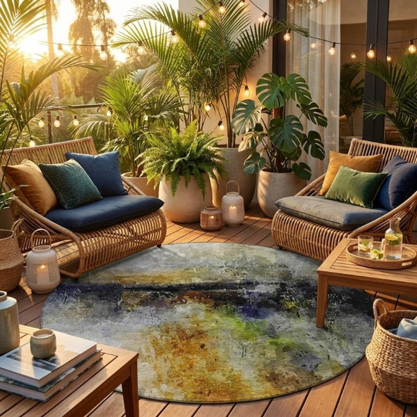 8 Foot Round Copper Abstract Polyester Area Rug Washable for Indoor Outdoor Use