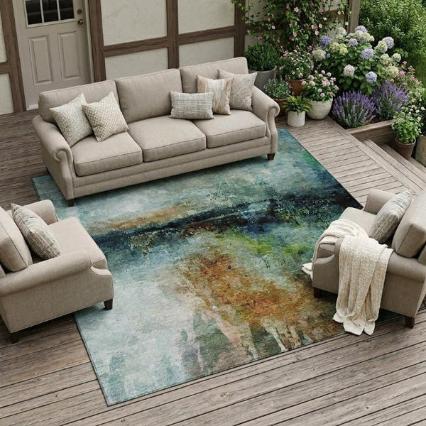 8 Ft X 10 Ft Teal Silver Abstract Polyester Rug Stain Resistant Indoor Outdoor