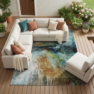 10 X 14 Abstract Teal Silver Washable Polyester Rug for Indoor Outdoor Living