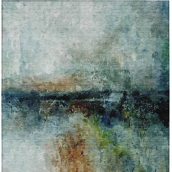 10 X 14 Abstract Teal Silver Washable Polyester Rug for Indoor Outdoor Living