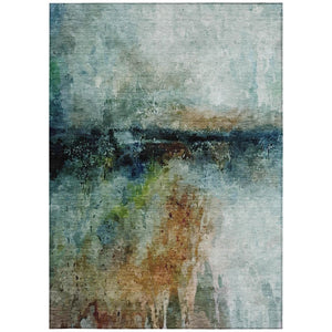 10 X 14 Abstract Teal Silver Washable Polyester Rug for Indoor Outdoor Living