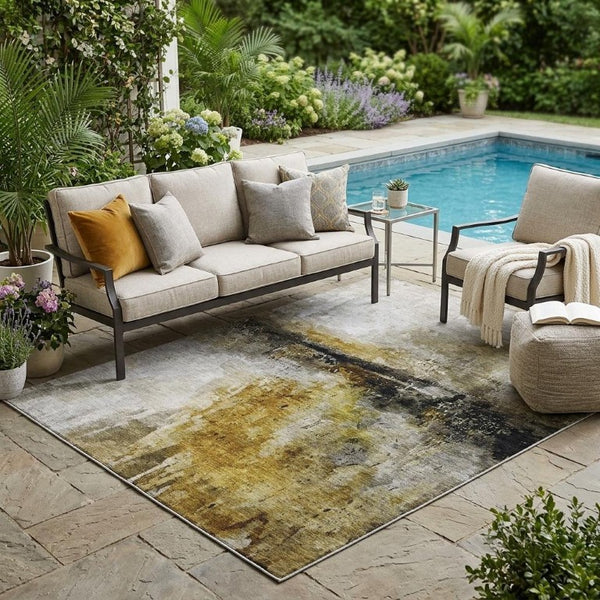 5 X 8 Wheat Gold Abstract Polyester Area Rug Washable for Patio or Living Room