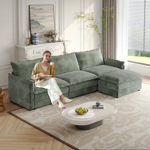 English Elm Corduroy 3-Seater L-Shaped Couch With Movable Ottoman - Plush Green Fabric For Cozy Living Room Comfort W834S00429