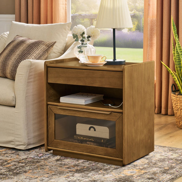 English Elm Mid Century Modern Nightstand With Charging Station, 2 Drawers & Open Shelf For Stylish Storage Solutions W1801P303392