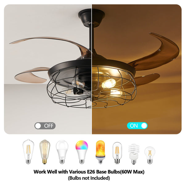 English Elm 48" Industrial Black Ceiling Fan Light with 4-Blade Cage, Remote, Silent DC Motor, Reversible Speed W2312P374994