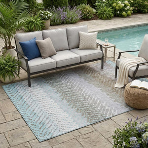 5 X 8 Ivory Taupe Stripe Polyester Area Rug Washable Indoor Outdoor Pet Friendly
