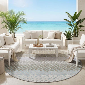 8 Foot Round Ivory Taupe Striped Polyester Rug Washable for Patio or Family Room