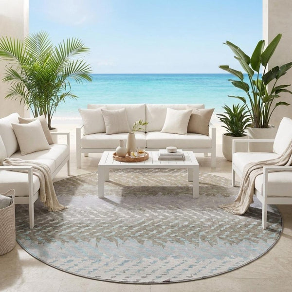8 Foot Round Ivory Taupe Striped Polyester Rug Washable for Patio or Family Room