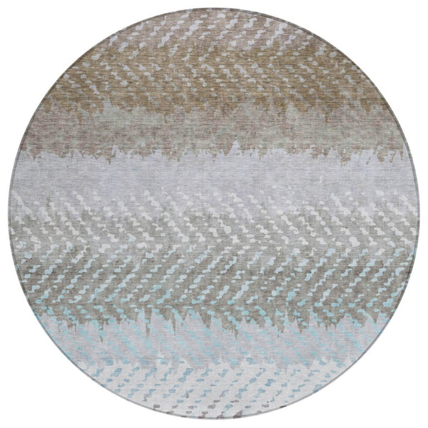 HomeRoots 8 Foot Round Ivory Taupe Striped Polyester Rug Washable for Patio or Family Room 739735