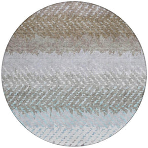 8 Foot Round Ivory Taupe Striped Polyester Rug Washable for Patio or Family Room