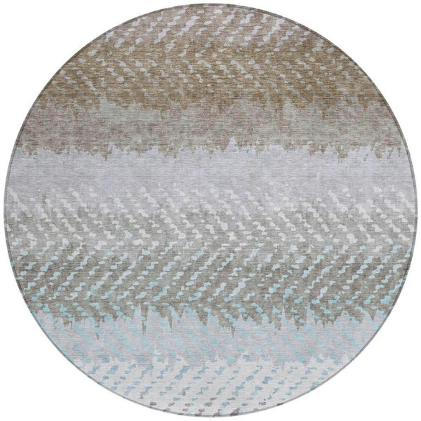8 Foot Round Ivory Taupe Striped Polyester Rug Washable for Patio or Family Room