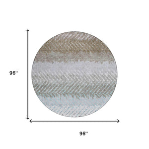 8 Foot Round Ivory Taupe Striped Polyester Rug Washable for Patio or Family Room