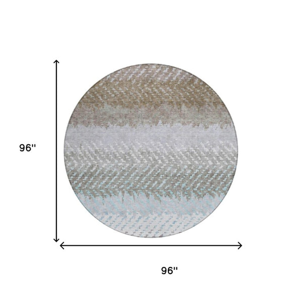 8 Foot Round Ivory Taupe Striped Polyester Rug Washable for Patio or Family Room