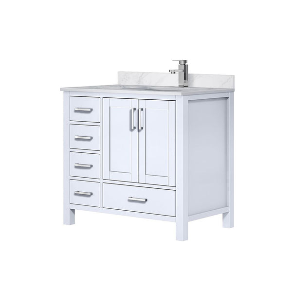 English Elm White 36 in. Bath Vanity with Carrara Marble Right-Offset Top, Soft-Close Drawers & Chrome Faucet Set B2731P259018