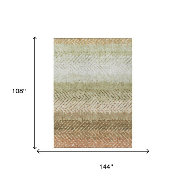9 X 12 Sage Green Striped Polyester Area Rug Washable for Indoor Outdoor Use