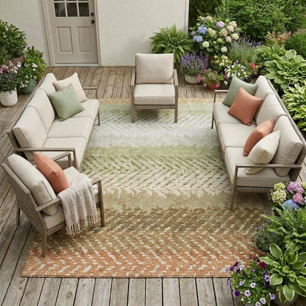 10 Ft X 14 Ft Sage Striped Polyester Area Rug Washable for Indoor Outdoor Use