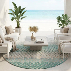 8 Foot Round Striped Polyester Rug Washable Teal Geometric Indoor Outdoor Accent