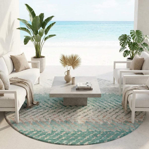 8 Foot Round Striped Polyester Rug Washable Teal Geometric Indoor Outdoor Accent