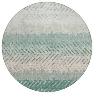HomeRoots 8 Foot Round Striped Polyester Rug Washable Teal Geometric Indoor Outdoor Accent 739747