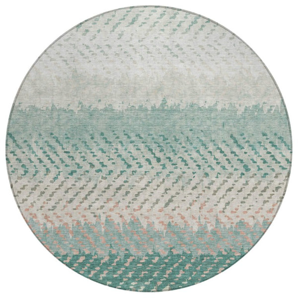 HomeRoots 8 Foot Round Striped Polyester Rug Washable Teal Geometric Indoor Outdoor Accent 739747