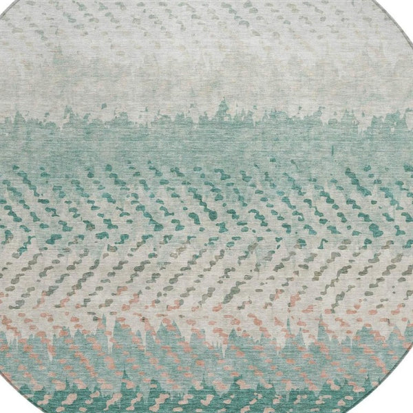 8 Foot Round Striped Polyester Rug Washable Teal Geometric Indoor Outdoor Accent