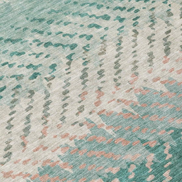 8 Foot Round Striped Polyester Rug Washable Teal Geometric Indoor Outdoor Accent