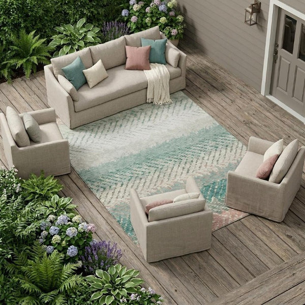 8 X 10 Striped Turquoise Teal Polyester Washable Rug for Patio Porch or Living Room