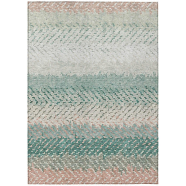 HomeRoots 8 X 10 Striped Turquoise Teal Polyester Washable Rug for Patio Porch or Living Room 739748