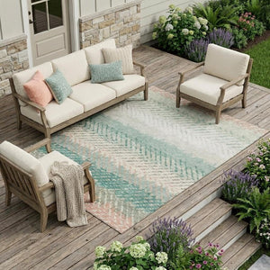 9 X 12 Turquoise Teal Stripe Polyester Area Rug Washable for Patio and Living Room