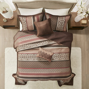 JLA Home Madison Park - 5 Reversible Jacquard Bedspread Set in Chocolate Red Ivory with Leaf Stripe Medallion Motifs, Pillows 118 L x 102 W x 0.25H MP13-4340
