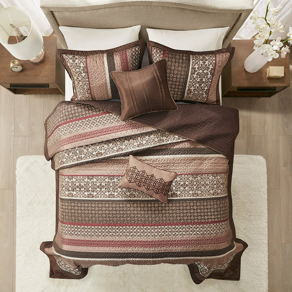 JLA Home Madison Park - 5 Reversible Jacquard Bedspread Set in Chocolate Red Ivory with Leaf Stripe Medallion Motifs, Pillows 118 L x 102 W x 0.25H MP13-4340