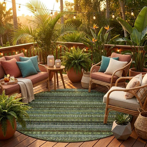 8 Foot Round Striped Polyester Area Rug Washable Stain Resistant Indoor Outdoor Green
