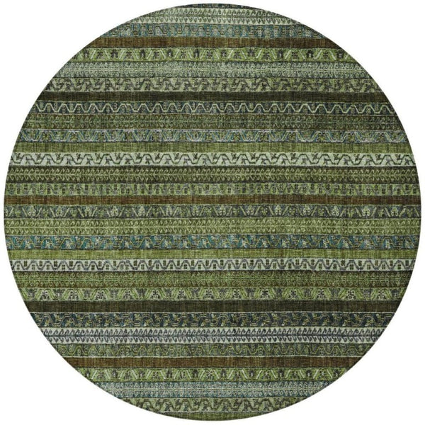 HomeRoots 8 Foot Round Striped Polyester Area Rug Washable Stain Resistant Indoor Outdoor Green 739753